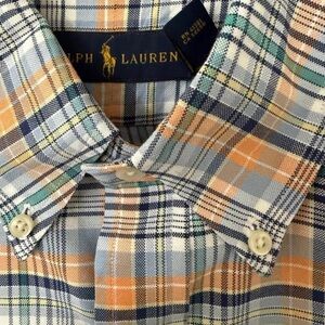 RALPH LAUREN POLO DK. ORANGE PLAID BUTTONDOWN CLASSIC FIT LONG SLEEVE SHIRT SZ L